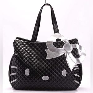 ✨Hello Kitty 2008 Sanrio Silver Bow Quilted Black Large
Tote Shoulder Bag Purse✨